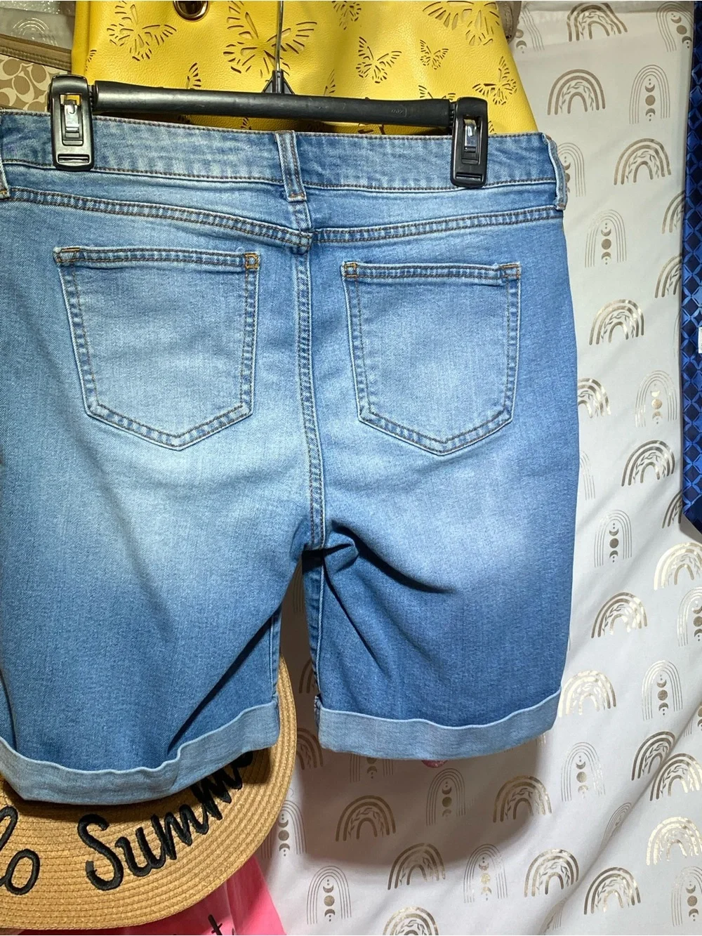 Celebrity Pink Light Blue Rolled Cuff Denim Bermuda Shorts